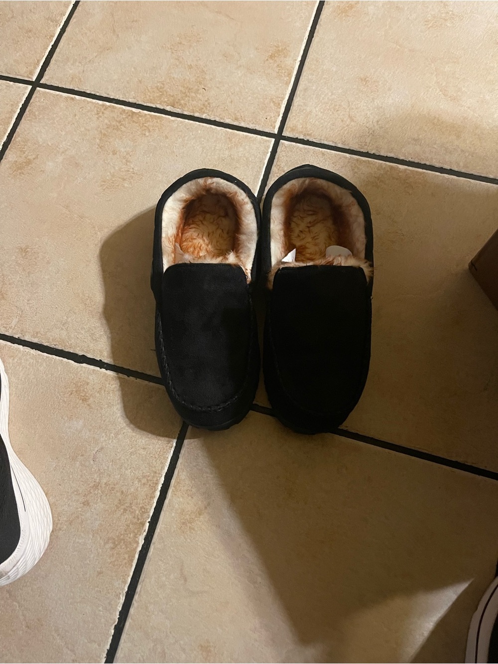 Amazon Black Slip-On Moccasin Slippers with Cream Fleece Lining